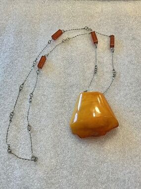 Vintage Baltic Amber Pendant Necklace Large Butterscotch Stone